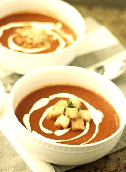 Roasted Red Pepper Soup with Goat Cheese Cream & Buttered Croutons