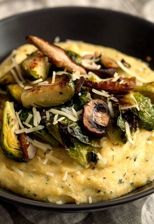 Sage Polenta with Roasted Brussles Sprouts & Wild Mushrooms (Oh My Veggies)