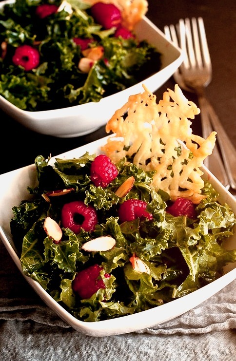 Kale Salad with Raspberries Parmesan Crisp